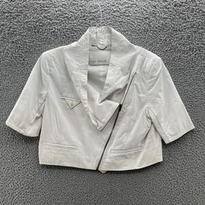 Yigal Azrouel Leather Jacket Womens 10 White Short Sleeve Crop Moto Cowl